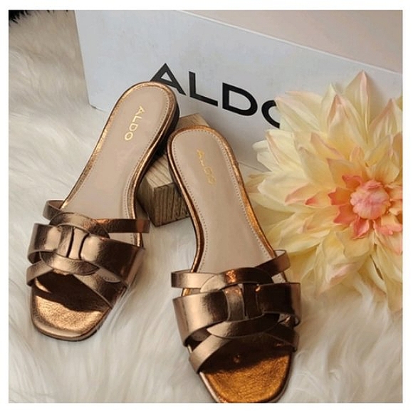 New Aldo Astirassa Slide Sandals Bronze Patent 6M